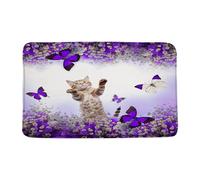 Felpudos Lovely Cat Purple Flower Butterfly Cute Cat Kitten Creative Animal Nature Funny Doormat Suaves Felpudo Absorbentes Alfombra De Entrada para Portón Jardín Dormitorio 40X60 CM