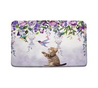 Felpudos Lovely Cat Purple Flower Hummingbird Cute Cat Kitten Creative Animal Nature Funny Impermeable Doormat Antisuciedad Felpudo Interior para Jardín Dormitorio Cocina 40X60 CM