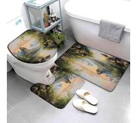 Felpudos Montañas Japonesas Asiáticas, Árboles Verdes Impermeable Felpudo Interior Antideslizante Alfombras Baño para Alfombrilla De Baño + Contorno + Funda para Tapa De Inodoro 3 Piece Set