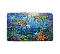 Felpudos Turtle Stained Glass Blue Underwater World Sea Animal Turtle Coral Vintage Nautical Doormat Absorbentes Antisuciedad Felpudo Interior para Oficina Portón Jardín 40X60 CM