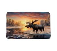 Felpudos Winter Cabin Moose Wild Animal Deer Snowy Tree Sunset Rustic Farmhouse Nature Scene Christmas Felpudo Interior Suaves Absorbentes Felpudo para Jardín Dormitorio Cocina 40X60 CM