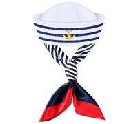 FELTECHELECTR Disfraz de Navegante para Mujer y Hombre Gorro de Capitán Azul y Blanco a Rayas Bufanda Incluida Talla Única 58 CM Conjunto Náutico para Fiestas Temáticas y Disfraces Náuticos