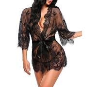 FeMereina Bata Estilo Kimono de Encaje para Mujer Lencería de Babydoll Camisón de Malla Lencería Sexy Nupcial (Negro, M)