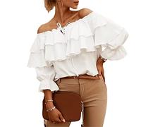 FeMereina Blusas de manga larga con volantes y hombros descubiertos para mujer, blusas casuales en capas, blusas casuales con volantes y lazo de gasa para verano, blanco, M