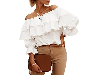 FeMereina Blusas de manga larga con volantes y hombros descubiertos para mujer, blusas casuales en capas, blusas casuales con volantes y lazo de gasa para verano, blanco, M