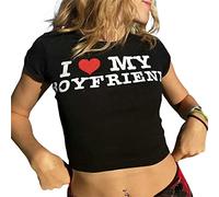 FeMereina Camisetas de bebé para mujer, diseño gráfico Y2K, camiseta de manga corta con texto en inglés ""I Love My Boy"", ropa estética para adolescentes y niñas, Negro, S