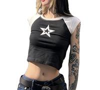 FeMereina Camisetas de manga corta con estampado gráfico de estrellas vintage Y2k para mujer y niña, color de contraste de hadas, grunge, estéticas Harajuku Steetwear, a, M