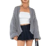 FeMereina Cárdigan de punto grueso de manga larga con frente abierto para mujer, suéter holgado de manga farol, abrigo de gran tamaño, gris, M