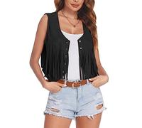 FeMereina Chaleco hippie de los años 70 para mujer, traje de discoteca, chaleco con flecos, ante sintético, sin mangas, borlas, chaqueta vaquera, fiesta, Halloween, Negro, L