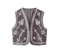 FeMereina Chaleco vintage bordado floral para mujer, estilo bohemio, casual, frente abierto, sin mangas, de terciopelo, gris, M