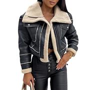FeMereina Chaqueta de Cuero de Ante Sintético para Mujer Chaqueta de Motociclista con Forro de Sherpa Abrigo con Cuello de Piel Abrigo de Cuero de Aviador de Invierno Chaqueta Bomber, Negro, L