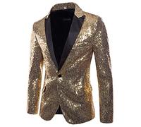 FeMereina Chaqueta de esmoquin brillante con lentejuelas para hombre, blazer de un botón, ideal para fiesta, boda, banquete, baile de graduación, dorado, M