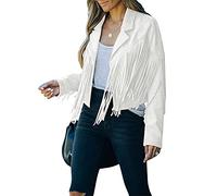 FeMereina Chaqueta de mujer con flecos y borla de manga larga solapa de piel de ante motorista chaquetas de motorista Top Casual Cárdigans Outwear, blanco, S