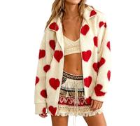 FeMereina Chaquetas de forro polar sherpa para mujer, abrigos de San Valentín, abrigos casuales con cremallera, corazones de amor, ropa exterior con bolsillos, rosso, L