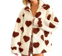 FeMereina Chaquetas de forro polar sherpa para mujer, abrigos de San Valentín, abrigos casuales con cremallera, corazones de amor, ropa exterior con bolsillos, caqui, XXL