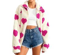 FeMereina Chaquetas de forro polar sherpa para mujer, abrigos de San Valentín, abrigos casuales con cremallera, corazones de amor, ropa exterior con bolsillos, rosa, XXL