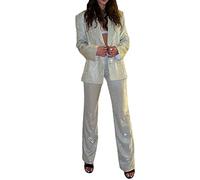 FeMereina Conjunto deportivo de 2 piezas con lentejuelas brillantes para mujer, blazer de manga larga, pantalones largos anchos, informales, brillantes, ropa de club, Pantalones., S