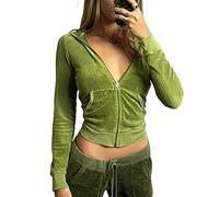 FeMereina Conjunto deportivo de terciopelo de 2 piezas para mujer, con estampado de corazón, manga larga, cremallera recortada, sudadera con capucha y pantalones deportivos Y2K, Top verde #1, S