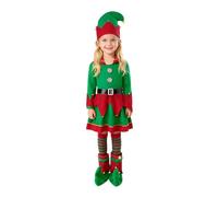 FeMereina Disfraz de elfo para niñas, disfraz de Navidad, traje de Papá Noel, pequeño ayudante, sombrero, cinturón de orejas, calcetines, conjunto de cosplay (verde, 130)