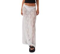 FeMereina Falda larga de encaje para mujer, cintura alta, transparente, acampanada, falda midi Y2K, para verano, elegante, playa, fiesta, maxi faldas, blanco, S