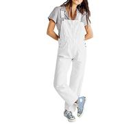 FeMereina Overol de mezclilla para mujer, ajuste holgado, clásico, casual, elástico, pantalones de mezclilla de pierna cónica, blanco, M
