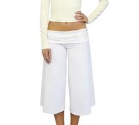 FeMereina - Pantalones capri con cintura doblada para mujer, de cintura baja, pierna ancha, para yoga, capris de verano, lindos, para salir, pantalones gaucho fluidos, ropa de calle, blanco, M