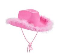 FeMereina Sombreros de vaquero de ala ancha con correa ajustable, accesorios de disfraz (ribete de piel rosa, talla única)