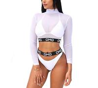 FeMereina Traje de Baño para Mujer de 3 Piezas Bikini de Tanga de Cintura Alta con Cubre de Malla (Blanco, M)