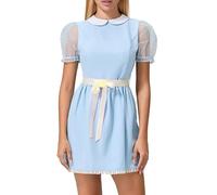 FeMereina Vestido corto de malla transparente con cuello de muñeca para mujer, vestido acampanado de verano con ribete de encaje, mini vestido dulce con cinturón, amarillo claro, M