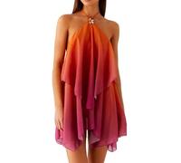 FeMereina Vestido corto tipo babydoll para mujer, estilo bohemio, sin mangas, con vuelo, dobladillo en capas, para fiesta de verano, playa, vestido corto tipo babydoll, naranja, M