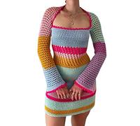 FeMereina Vestido de punto a rayas coloridas de las mujeres de manga larga con cuello cuadrado sin espalda de verano Crochet Bodycon vestido ahueca hacia fuera playa cubierta, a, S