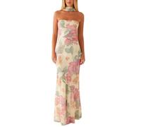 FeMereina Vestido largo de tubo floral para mujer, con bufanda, sin tirantes, espalda descubierta, de malla, vestido formal de cóctel, Color mixto, M