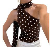 FeMereina Y2k - Camiseta sin mangas de lunares para mujer, con un hombro, sin mangas, cuello halter, espalda descubierta, con bufanda, marrón oscuro, M