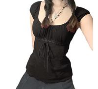 FeMereina Y2K Fairy Grunge Crop Top para mujer, manga corta, encaje, retazos, estética, ajustada, linda camiseta babydoll, W-Negro, M