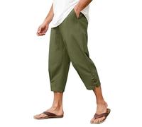 FemiChic Pantalones de Lino para Hombre Trousers Bermudas Pantalon Cargo y Piratas Cortos 3/4 Ligeros y Elásticos para Verano Casual para la Playa(Verde,M)