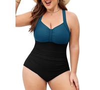 FemiChic Traje de baño de una pieza con control de abdomen y tirantes ajustables en la espalda, copas extraíbles, diseño push up, tallas del Reino Unido para mujer, azul/negro, 3XL Grande