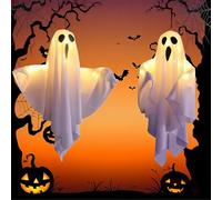 FemKey Decoracion Halloween Fantasma, 2 Piezas Halloween Fantasmas Colgantes con Luces, LED Luces Halloween con 3 Modos de Iluminación, para Exterior, Interior Case, Jardín, Árbol, Patio(Blanco)