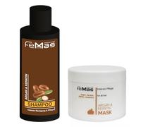 FemMas Champú de argán y queratina + mascarilla para el pelo de argán y queratina, 300 ml, regenerar y nutrir el cabello, antipuntas abiertas, todos los tipos de cabello