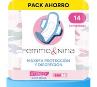 FEMME & NINA 14 Compresas con Alas para Adolescentes, Algodón con Tacto Suave para Extra Confort, Núcleo Altamente Absorbente, Máxima Protección, Ultra Finas, Cero Olor e Incomodidad, 1 Paquete