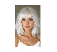 Femmes Cheveux - Peluca Bob de 10 pulgadas con flequillo, pelucas cortas para mujeres, pelo sintético ondulado suelto, para niñas, cosplay, extensiones de pelo (blanco)