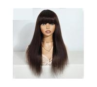 Femmes Cheveux - Pelucas para cabello humano de 18 pulgadas con flequillo, color burdeos, rojo brasileño, liso, color marrón, para mujeres, sin peluca de encaje