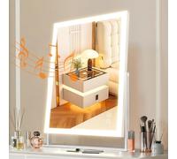 FENCHILIN Espejo de Maquillaje con iluminación 30 x 40 cm Hollywood Espejo 3 Colores luz Regulable Espejo con iluminación música Altavoz Volumen 10 x Aumento 360° rotación Blanco