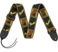 Fender Correa Monogramada Tejida Guitarra, Cuero, 2", Negro/Amarillo | Correa para guitarra eléctrica y acústica, logotipo Fender tejido, respaldo de poliéster, extremos de cuero, duradera