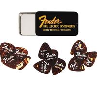 Fender Fine Electric Pick Tin, Púas en Caja de Coleccionista - 12 Piezas, Celuloide, Forma 35, 3 Grosores, Color Tortoise Shell Sunburst