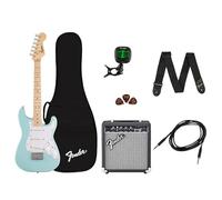 Fender Mini Stratocaster Pack con amplificador, bolsa de concierto, correa, cable, afinador y púas, acabado azul Daphne