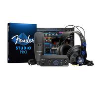 Fender Quantum Creator Bundle | Kit de grabación casera con interfaz USB-C Quantum LT 2, micrófono condensador M7, auriculares HD7, cable XLR, soporte para micrófono y Fender Studio Pro.