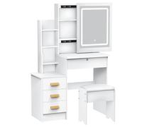 Feneihe - Tocador con espejo LED y taburete, mesa de maquillaje con 4 cajones y estantes de almacenamiento, mueble tocador blanco para dormitorio y salón
