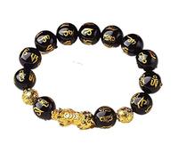 Feng Shui Black Obsidian Bracelet Pixiu Pi Yao Pulsera que lleva monedas antiguas Mantra de seis caracteres Pulsera con cuentas de piedra natural Amuleto Atraer la riqueza Buena suerte, obsidiana, 8