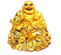 Feng Shui Buda reír sentado en la suerte monedas de dinero que llevan lingote dorado para buenas estatuas, figuras esculturas suerte y riqueza felicidad decoración del hogar Regalos