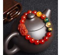 Feng Shui Pulsera de cristal Cinco dioses de la riqueza Cinco elementos Pixiu Charm Brailet Natural Quartz Chakra Gems Amuleto espiritual Money Suck contra el mal, un par Cinnabar (Color: AGATE ROJA)